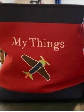 Kids Red 'My Things' Large Canvas Storage Bin with Airplane Design